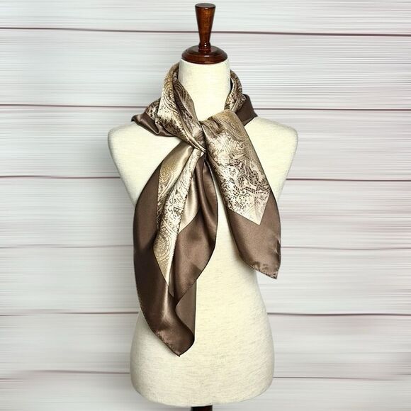 YONG DOO YEUL Korea Silk Scarf Cocoa Tan Colors Paisley Print 35x35” - Picture 6 of 11